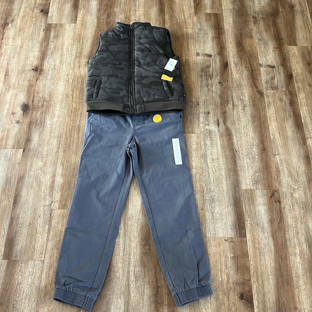 Clothes. Vest for kids, kids size 14 pants.